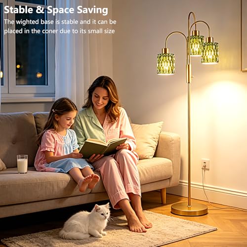 Image of 70 inch Glass Floor Lamp, 3-Light Gold Dimmable Standing Tall Lamp with Green Ribbed Glass Shades &3PCS 3000K Warm White Bulbs, Modern Tree Pole Lamp for Living Room Bedroom Home Decor