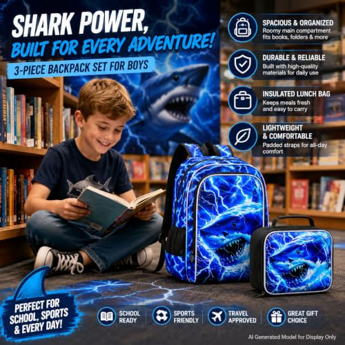 Image of 17 inch Shrak Backpack for Boy, 3Pcs Lightning Bookbag for Elementary Preschool Kindergarten, Kids School Thunder Backpacks with Lunch Box (Blue)