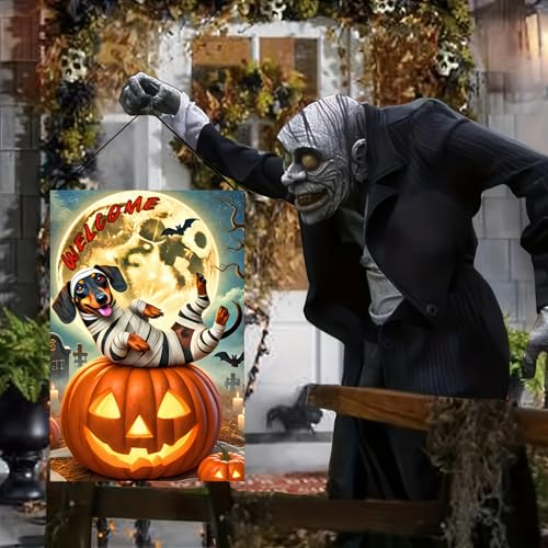Image of Happy Halloween Garden Flags 12x18 Inch Vertical Double Sided Skeleton Dachshund Dog Garden Flag Small Yard Pumpkin Flag for Outdoor Decor Outside Decoration Banner