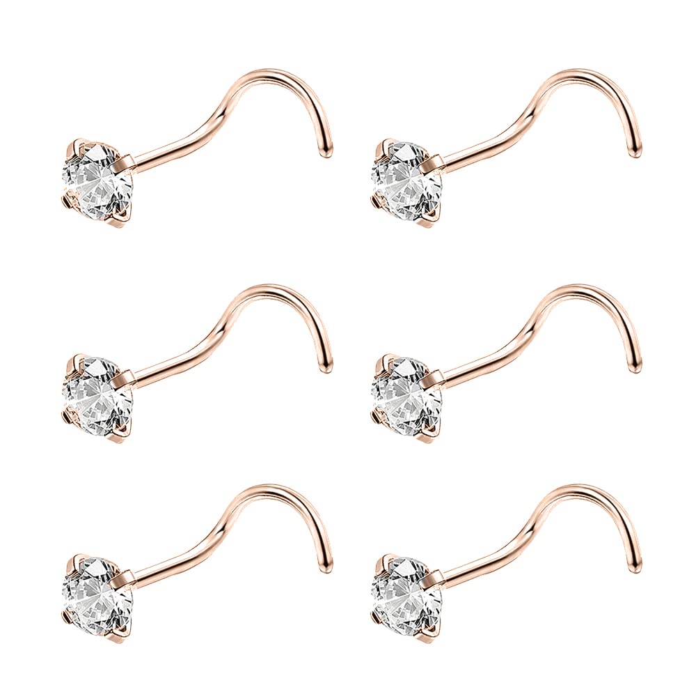 6ixGosh 6pcs 20g Nose Studs Black Rose Gold Nose Rings Stainless Steel L Shaped Corkscrew Nose Ring Studs for Women Men Small Cute Nose Rings Stud 3mm