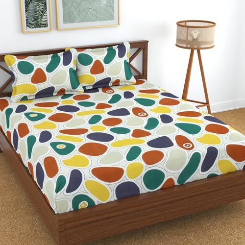 Image of KAWI Elastic Fitted Bedsheets (60 inchx78 inch) Queen Size Glace Cotton for Double Bed with All Around Elastic, 2 Large Pillow Cover, 200TC - Candy Print Multi Color