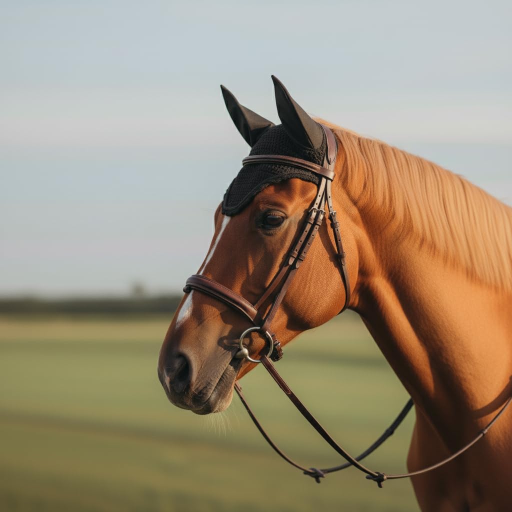 Equine Care Horse Fly Bonnet Full Size Black – Breathable Cotton Crochet Ear Bonnet, Fly Veil & Ear Net for Horses with Noise Reducing Cotton Ears for Dressage, Hunter Jumper & English Riding