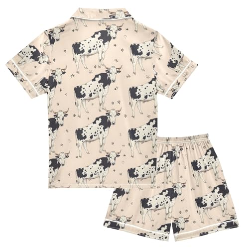 ALAZA Cow Cartoon Stylish Pajamas Satin Pajama Set Short Sleeve Button Down Sleepwear2