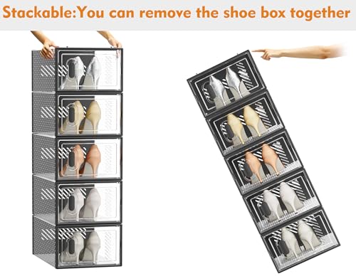 Image of SIMPDIY Shoe Storage, 12 Pack Shoe Organizer for Closet, Shoe Boxes Clear Plastic Stackable Shoe Containers with Lids for Size 10, Black