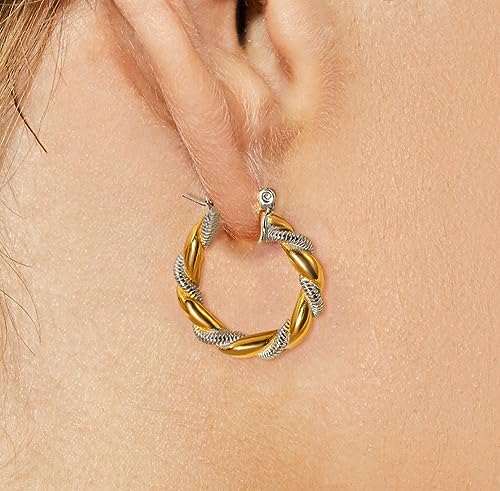 Gold Silver Two Tone Twisted Hoop Earrings Minimalist Lightweight Chic Trendy Fashion 18K Gold Plated Stainless Steel Piercing Earrings Unique Birthday Jewelry4