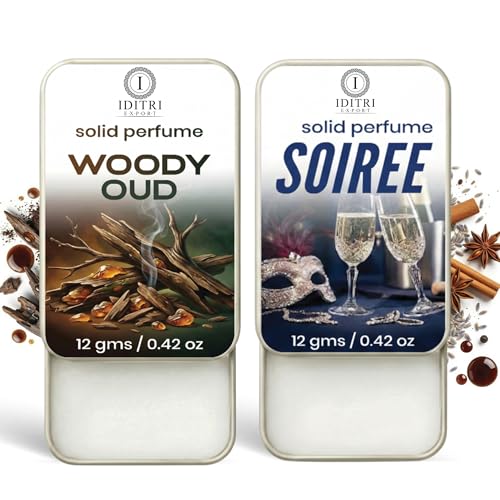 Image of IDITRI EXPORT Solid Perfume |Soiree&Woody oud Alcohol Free Wax Perfume Balm, Long Lasting | Pocket Tin 12g, Pack Of 2| Non Greasy Smooth Glide, Travel Friendly Men And Women