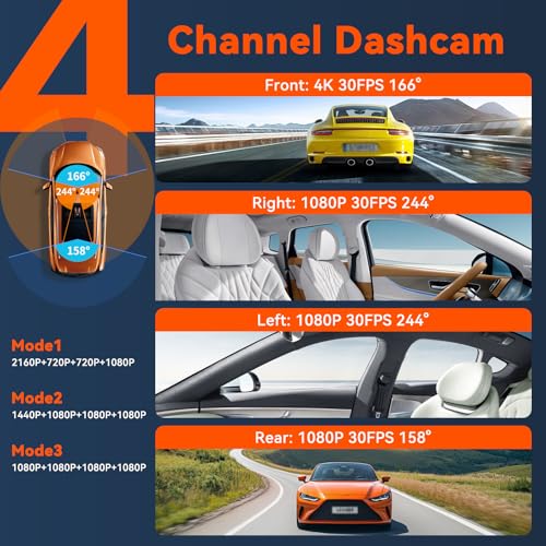 Image of 4K DashCam for Cars,4 Channel Car Dash Cam Front and Rear Inside with Voice Control,5G WiFi GPS, Night Vision, G Sensor, WDR, 24 /7 Parking Mode Free 128G Card Loop Recording (Blue)