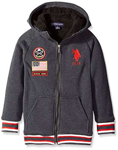 U.S. Polo Assn. Big Boys' Sherpa Lined Zip Up Fleece Hooded Jacket, Dark Heather Gray, 10/12