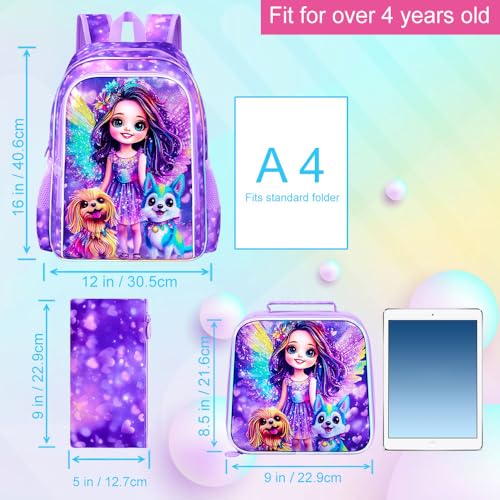 Image of 16 inch Dog Backpack for Girls, Kids Bookbag with Lunch Box, 3Pcs School Backpacks for Elementary Preschool Kindergarten (Purple)