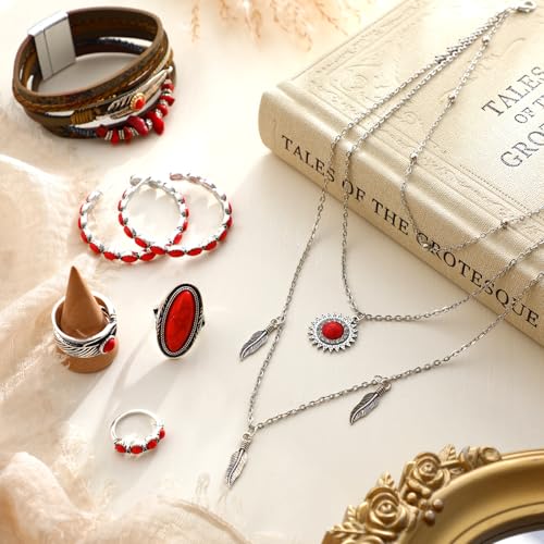 Image of Ecally Bohemian Western Jewelry Turquoise Set Women Country Pendant Long Choker Layered Bracelets Earrings Ring for Women