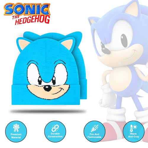 Image of Sonic The Hedgehog Winter Hat and Gloves Set - Blue Sonic Hat for Boys Ages 5-13 - Winter Hat with Scarf and Glove Set