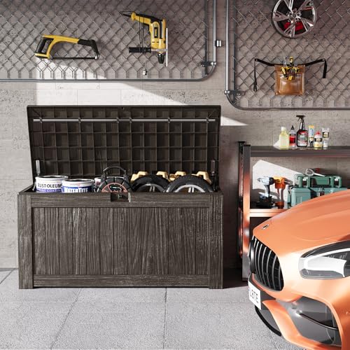 Image of Greesum Outdoor Storage Box 120 Gallon Storage Bin with Lid for Patio Furniture, Garden Tools, Pool Supplies, Lockable, Waterproof and UV Resistant, Dark Brown