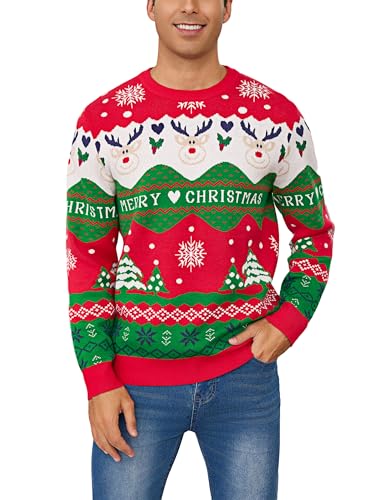 Bresdk Weihnachtspullover Herren mit Schneeflocken Herzen und Rentier...