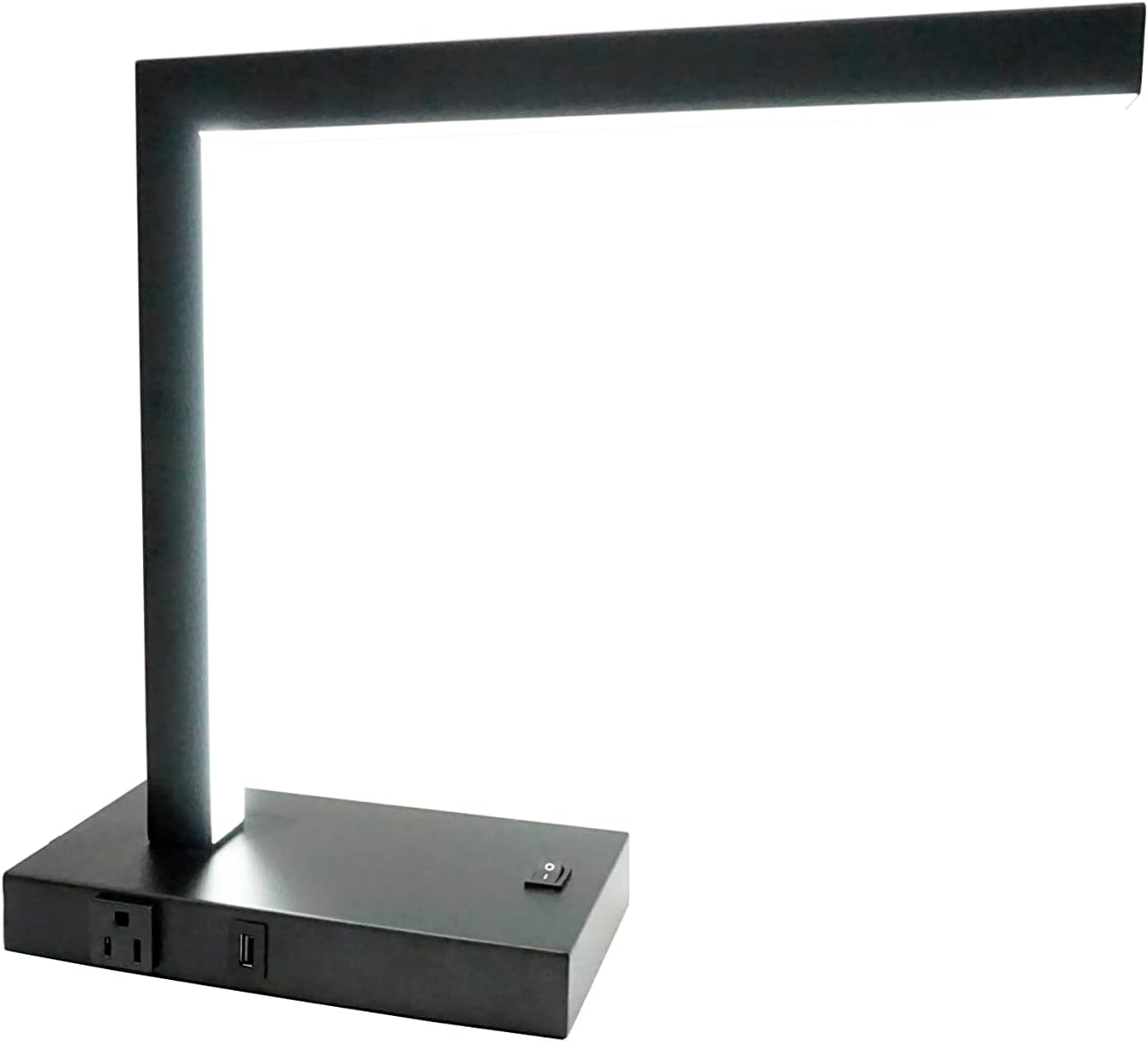 S H Lighting L-Shape LED Desk Lamp, with USB Port + Power Outlet, 14" H (Black Gunmetal)