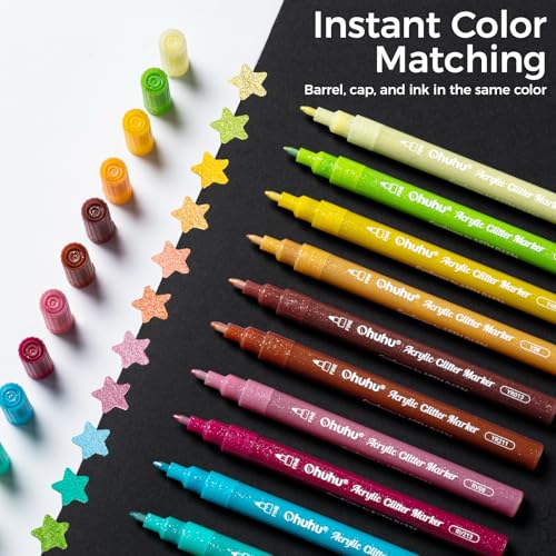Image of Ohuhu Acrylic Glitter Markers, 24 Metallic Glitter Colors, Fine Tip Paint Pens for Fine Details & Shimmer Accents, Water-Based & Quick Dry, for DIY Crafts, Cards, Journals, Wood & Rock Painting