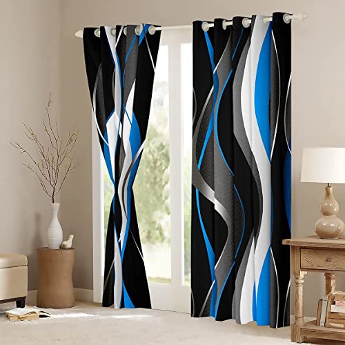 Loussiesd Blue Black Curtains Geometric Spiral Pattern Window Drapes for Kids Boys Girls Modern Abstract Blackout Curtain Grey White Window Treatments W52*L90 - Image 3