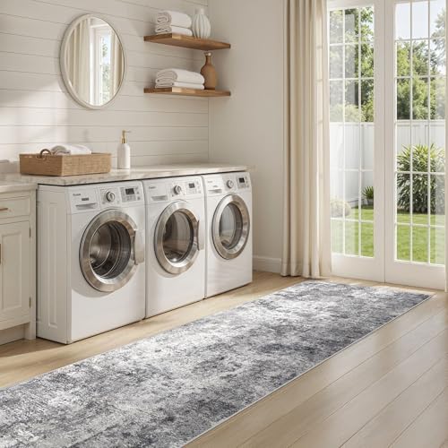 2X10 Washable Runner Rug for Hallway: Soft Neutral Modern Abstract Area Rug - Non-Slip Low Pile Long Throw Indoor Carpet for Kitchen Entryway Kitchen Bedroom Laundry - Grey