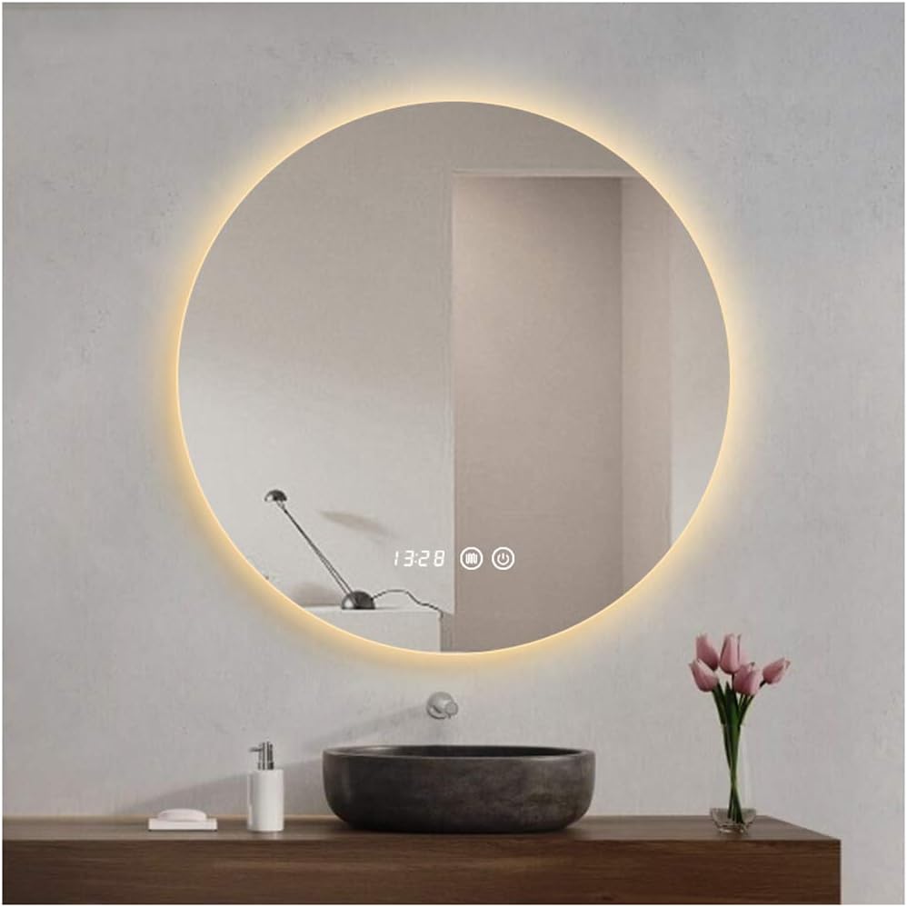 Nordic Smart Round LED Vanity Mirror with warm backlighting above a sink