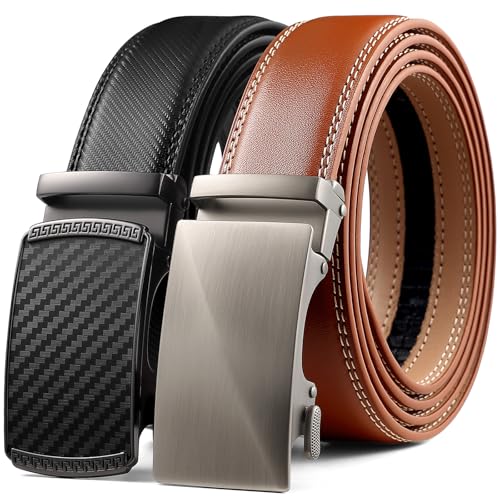 Image of Founders & C Mens Belt 2 Pack,Leather Ratchet Click Belt Dress with Slide Buckle 1 3 /8 inch in Gift Set Box- Size Adjustable