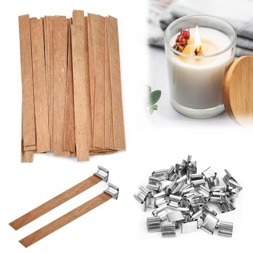 Byfoyif 80 Stück Kerzendocht aus Holz mit 40 Stück Eisenständer knisternden Holzkerzendochten Rauchfreie Holzdochte Kerzen Machen Holzdocht Verstellbare Dochte für DIY Kerzenherstellung 13 x 130mm