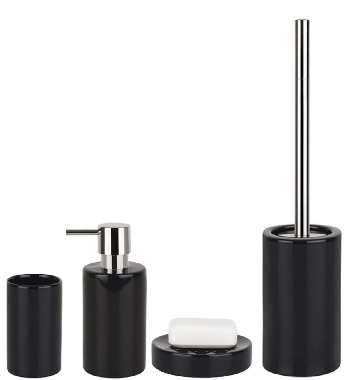 Spirella Set de 4 accessoires de salle de bain en porcelaine, distributeur de savon, porte-savon, brosse WC et gobelet à brosse à dents Noir