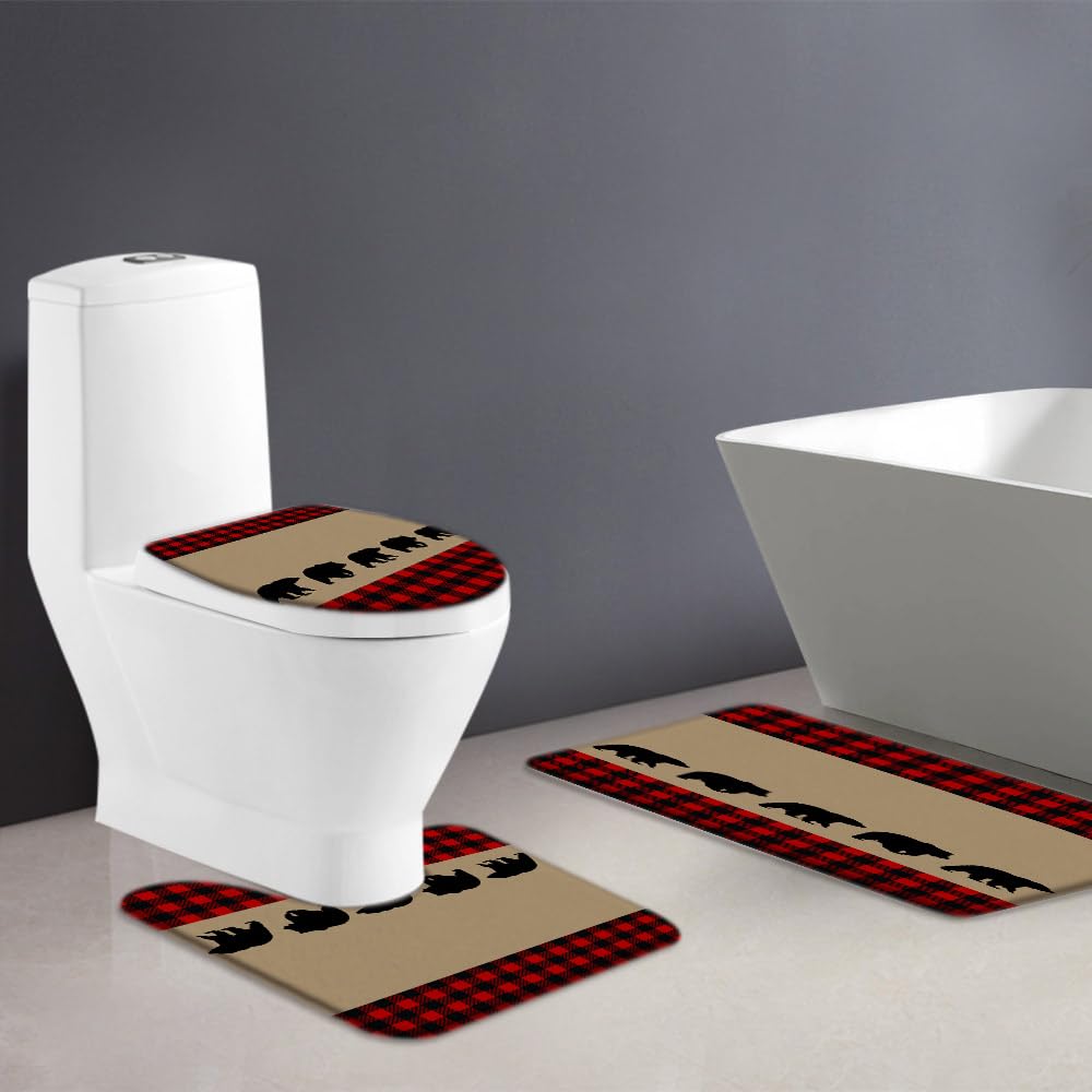ZKJSMGS Black Bear Plaid 3 Piece Bath Rug Sets,Rustic Red Black Buffalo Check Cabin Wildlife Bear Vintage Farmhouse Brown 16