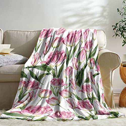 Sowide Pink Tulips Blanket, Pink Flowers Blanket Throw, Soft Warm Lightweight Plant Flannel Blanket - Image 2