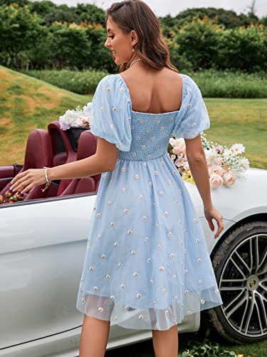 Women's 2023 Summer Short Dress Floral Embroidery Mesh Shirred Puff Sleeve Dress Casual3