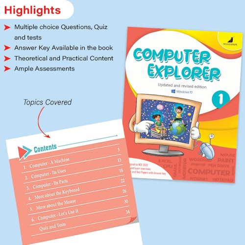 Image of Woodsnipe Beginner Computer Learning Book for Kids Age 5- 7| Windows 10 | Class 1 & 2 | Introduction to Computer, Uses, Parts, Features | Multiple Choice Questions | Quiz & Tests | Answers keys