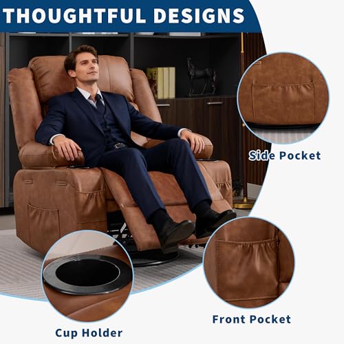 Image of Rocking Recliner Chair for Adults Manual Swivel Recliner Rocker with Cup Holders Leather Upholstered Comfy Single Sofa Chair for Living Room Bedroom Nursery Brown