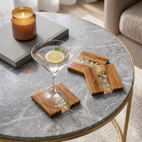 Image of Coaster Set of 4 for Dining Table - Premium Wooden Coasters with Golden Foil Resin Design - Tea, Coffee & Glass Drink Coasters - Luxury Table Coasters for Office Desk, Kitchen & Home Decor