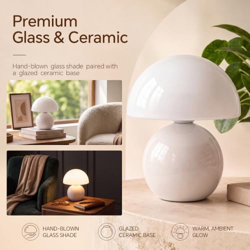 Image of Dawnwake Mushroom Lamp Table Lamp for Bedroom-Small Desk Table Lamps,White | 8.7 inch Mid Century Modern Table Lamps for Living Room Bedroom Decor,Cute Ceramic Lamps for Mushroom Home Room Decor,Glass Shade