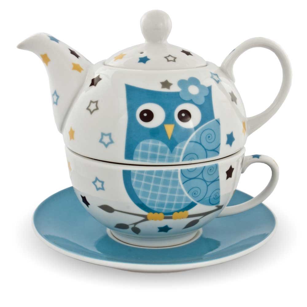Porzellan Tee Set Tea for one Teeservice Eule blau weiß Teekanne Tasse Untersetzer