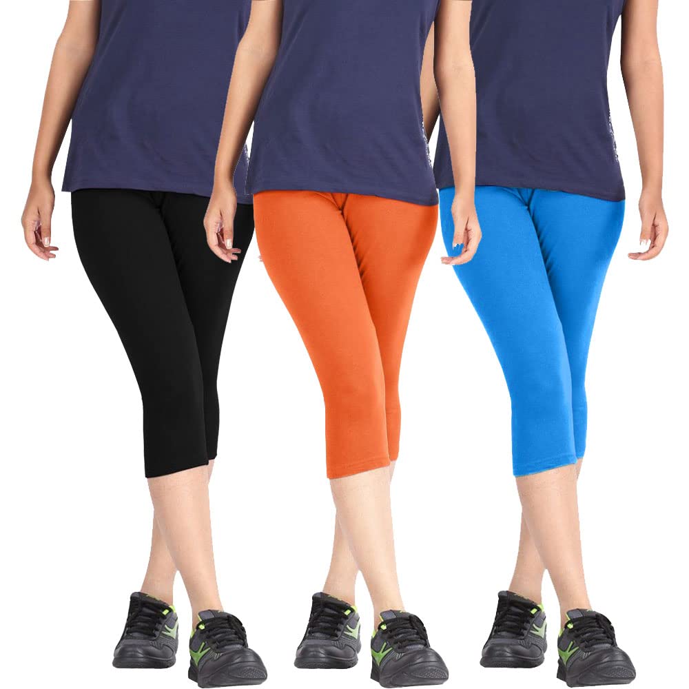 pixie fashion Biowashed Cotton Stretchable Capri Legging Combo Pack of 3 for Women/Girls/Ladies (Black, Orange and Sky Blue) - Free Size-picture-15