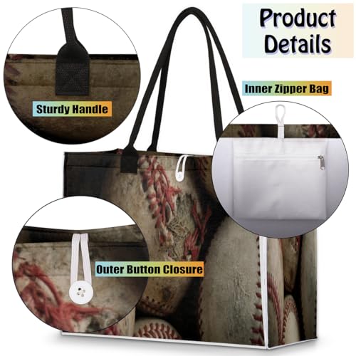 Vintage Baseballs Tote Bag for Women Large Beach Bag Reusable Grocery Bags Tote Bag for Work Shopping Travel Beach4