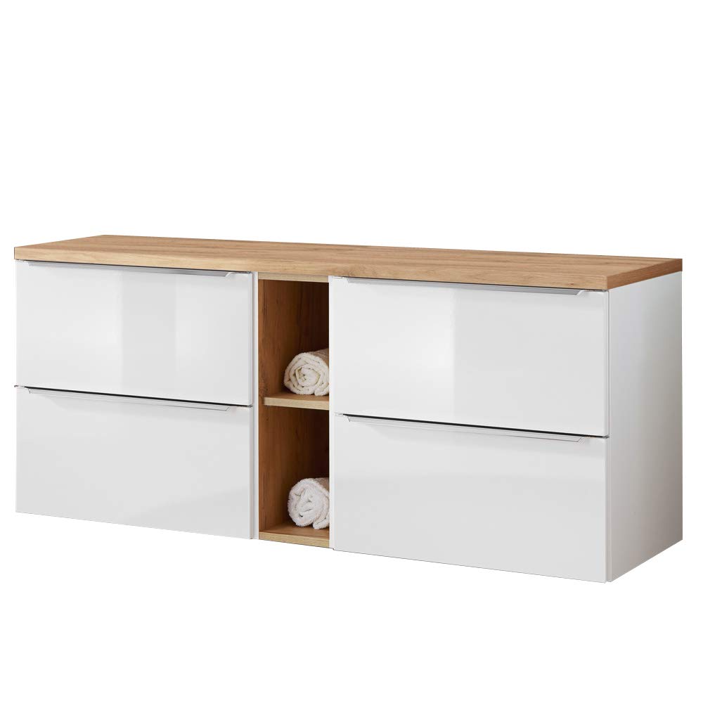Lomadox Badmöbel Waschtisch-Unterschrank Set, Hochglanz weiß, Wotaneiche, 4 Softclose-Auszüge, 1 Regal, B/H/T ca. 141/59,5/46 cm