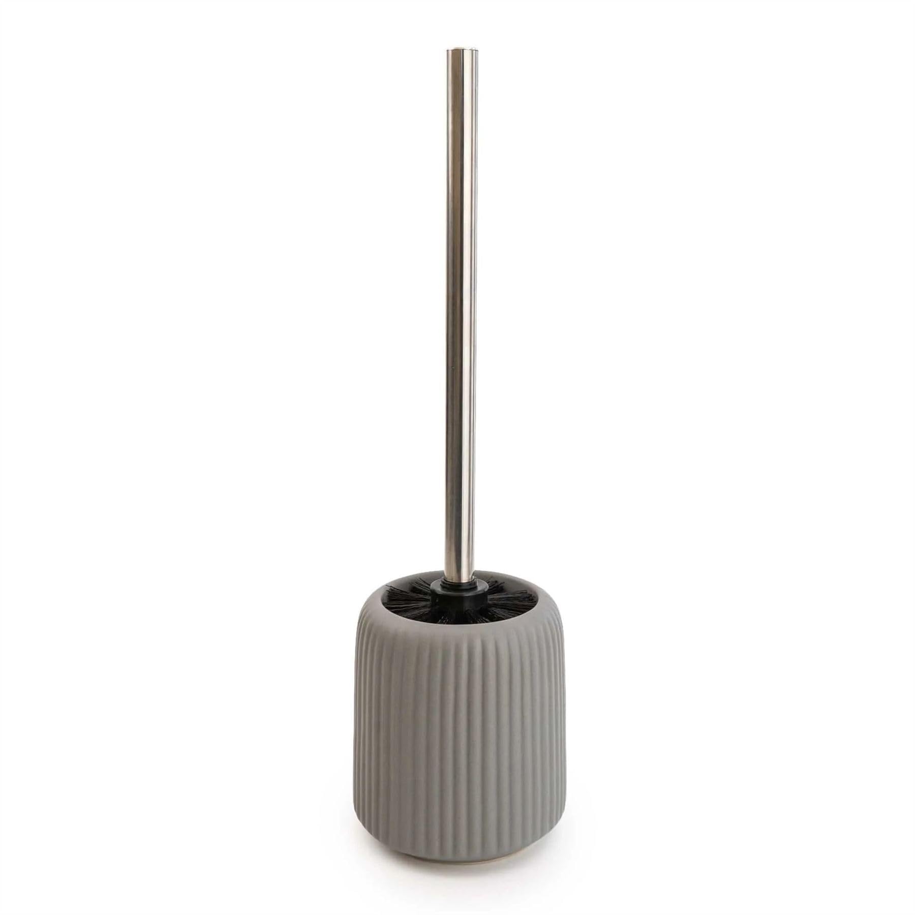Carousel Home Grey Ribbed Toilet Brush And Holder Set, 36Cm Matt Ceramic Loo Brush Holder