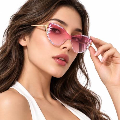 Image of Rhinestone Cat Eye Sunglasses for Women, Rimless Pink-UV Protected-Pack of 1