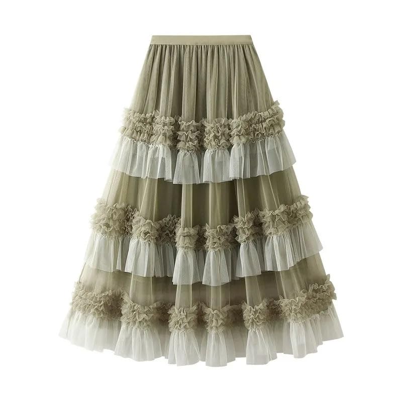 Fashion Tulle Pleated Long Skirts for Women High Waist Ruffle Patchwork A-Line Cake Skirt2
