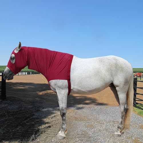Image of Horse Slinky Hood with Zipper, Stretch Spandex Sleazy Hood for Mane Protection, Breathable Horse Neck Cover for Show Prep, Braids Saver, Sleek Grooming Under Blanket Use WineRed Small