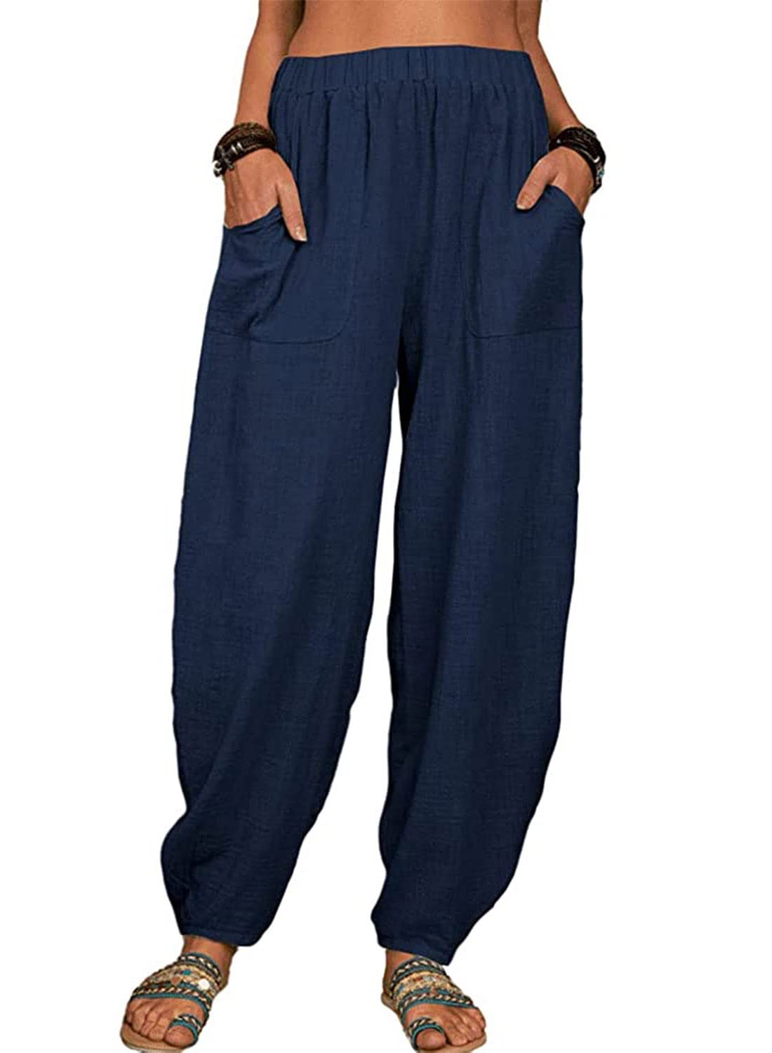utcoco Women's Cotton Linen Harem Pants Casual Loose Fit High Waisted Pants Trousers with Pockets (X-Large, Navy)