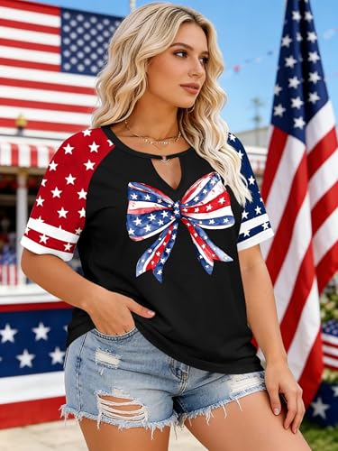 Image of Ithalt Plus Size American Flag Shirt Women Bow T Shirt 4th of July Shirts USA Patriotic V Neck Tees for Independence Day