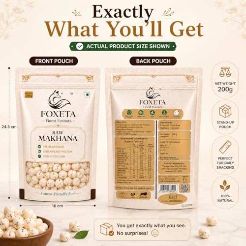 Image of Foxeta Premium Raw Makhana 200 gram, Fasting Snack, Calcium Rich, High In Protein, Fitness Friendly Fuel