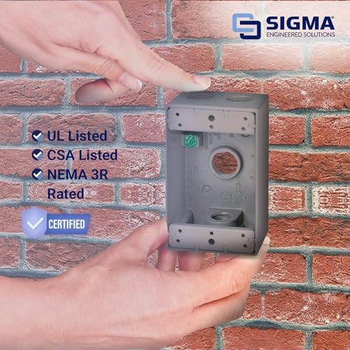 Image of SIGMA ENGINEERED SOLUTIONS Metal Electrical Outlet Box, Weatherproof, Easy Mount Plug and Receptacle Protector, 1 Gang Box, Gray, (E) 4 Holes