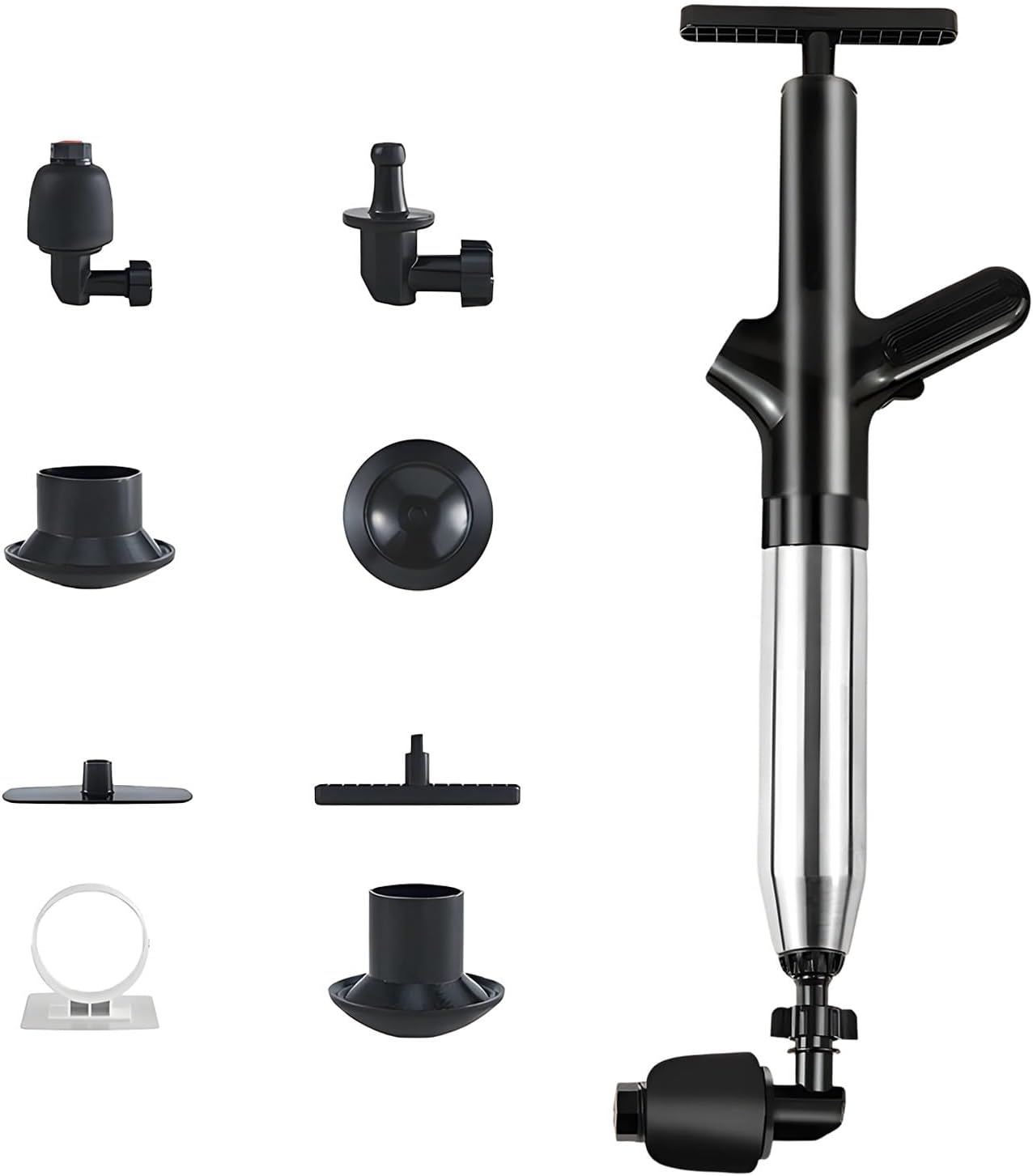 High-Pressure Air Toilet Plunger, Drain Blaster with Attachments, 304 Stainless Steel Clog Remover, Adhesive Hook Storage