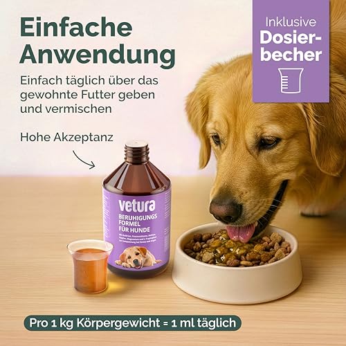 Vetura Beruhigungs-Formel für Hunde | 500 ml | Ergänzungsfuttermittel mit Baldrian, Kräutern & Magnesium | Zur Unterstützung in stressbedingten Phasen | Ohne künstliche Zusatzstoffe | Made in Germany