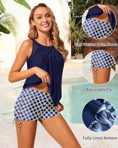 Yonique Tankini Swimsuits with Shorts - Tummy Control Two Piece Blouson Bathing Suits High Neck Swimwear4