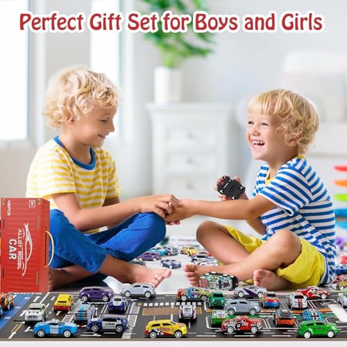 Image of Toy Cars for Kids,48pcs Mini Alloy Die-Cast Cars Set with Storage Box,Assorted Metal Pull Back Vehicles Toy for Kids, Boys & Girls Ages 3+,Birthday Gift,Travel & Play (Car Track)