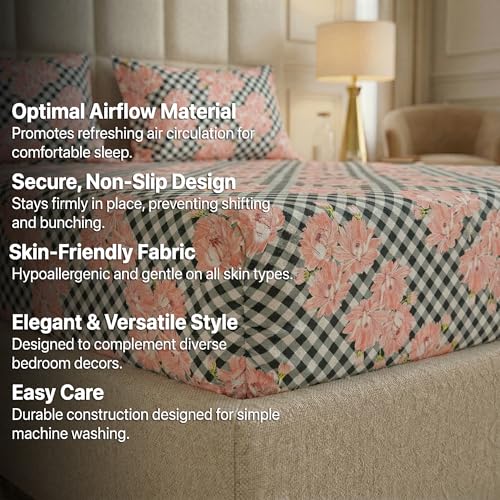 Image of VAS COLLECTIONS King Size Cotton Fitted Bedsheet (78 x 72 + 14 Inches) with Deep Pocket | 220 TC Soft Breathable Wrinkle Free Elastic Bed Sheet for King Mattress | (Pink Flower)