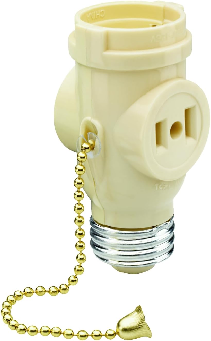 Legrand Pass & Seymour 1406ICC10 250W 125V Medium Base A26 Lampholder Adapter with Two Outlets, Pull Chain On/Off, Ivory (1 Count)